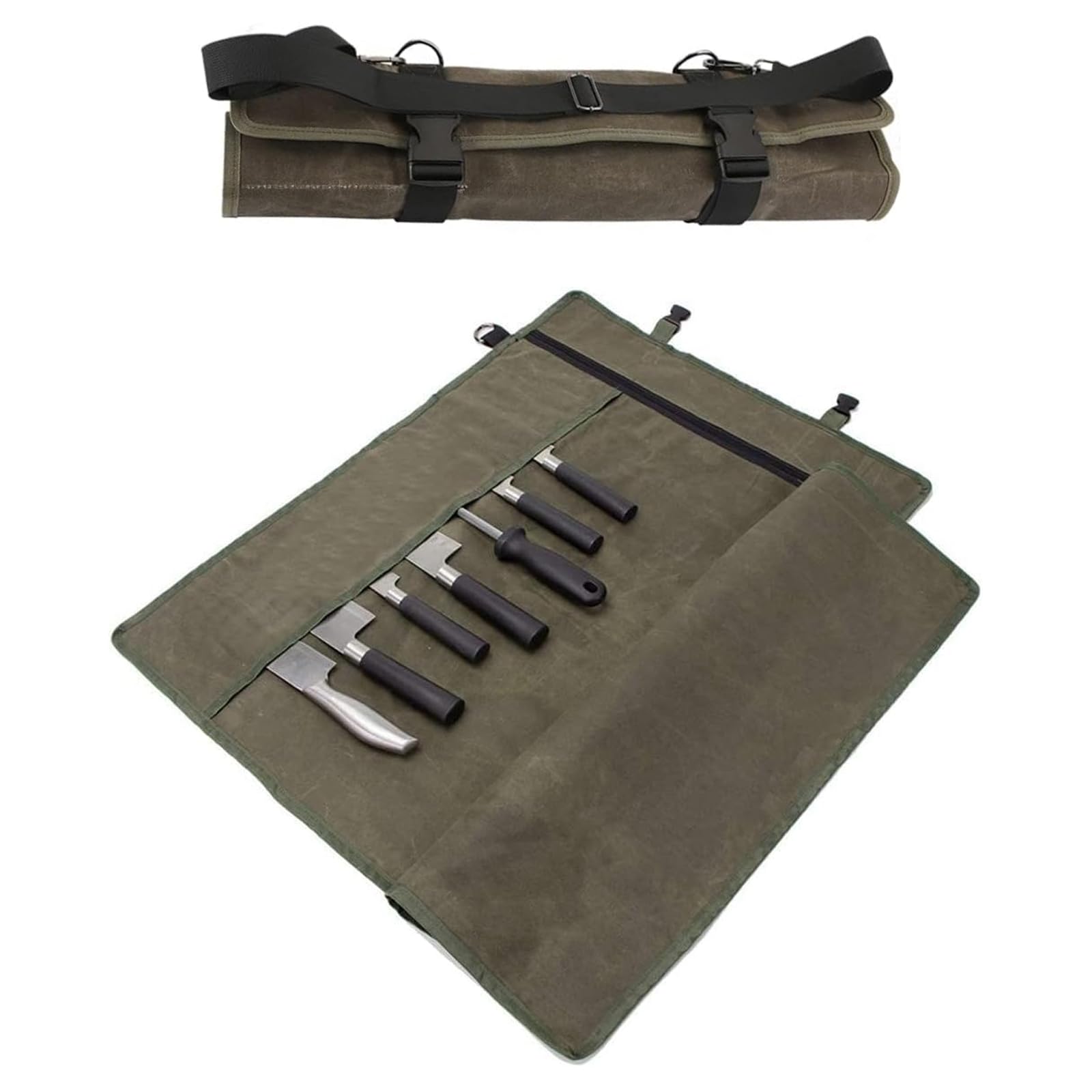 QEES Chef’s Knife Roll Bag,Waxed Canvas Chef Knife Bag,Portable 10 Slots Chef Knife Case Plus 1 Zipper Pockets Hold Home Kitchen Knife Tools Up To 18.8”,Heavy Duty Knife Bags For Chefs