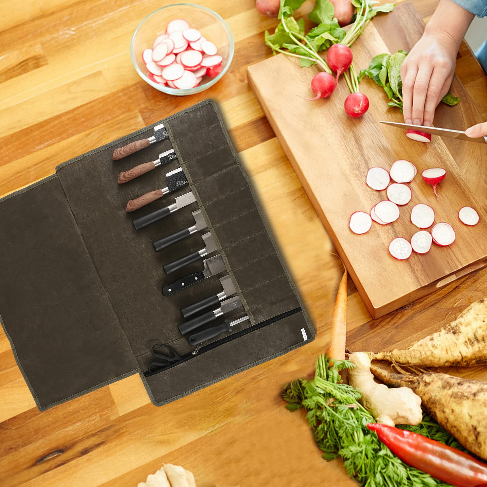 QEES Chef’s Knife Roll Bag,Waxed Canvas Chef Knife Bag,Portable 10 Slots Chef Knife Case Plus 1 Zipper Pockets Hold Home Kitchen Knife Tools Up To 18.8”,Heavy Duty Knife Bags For Chefs