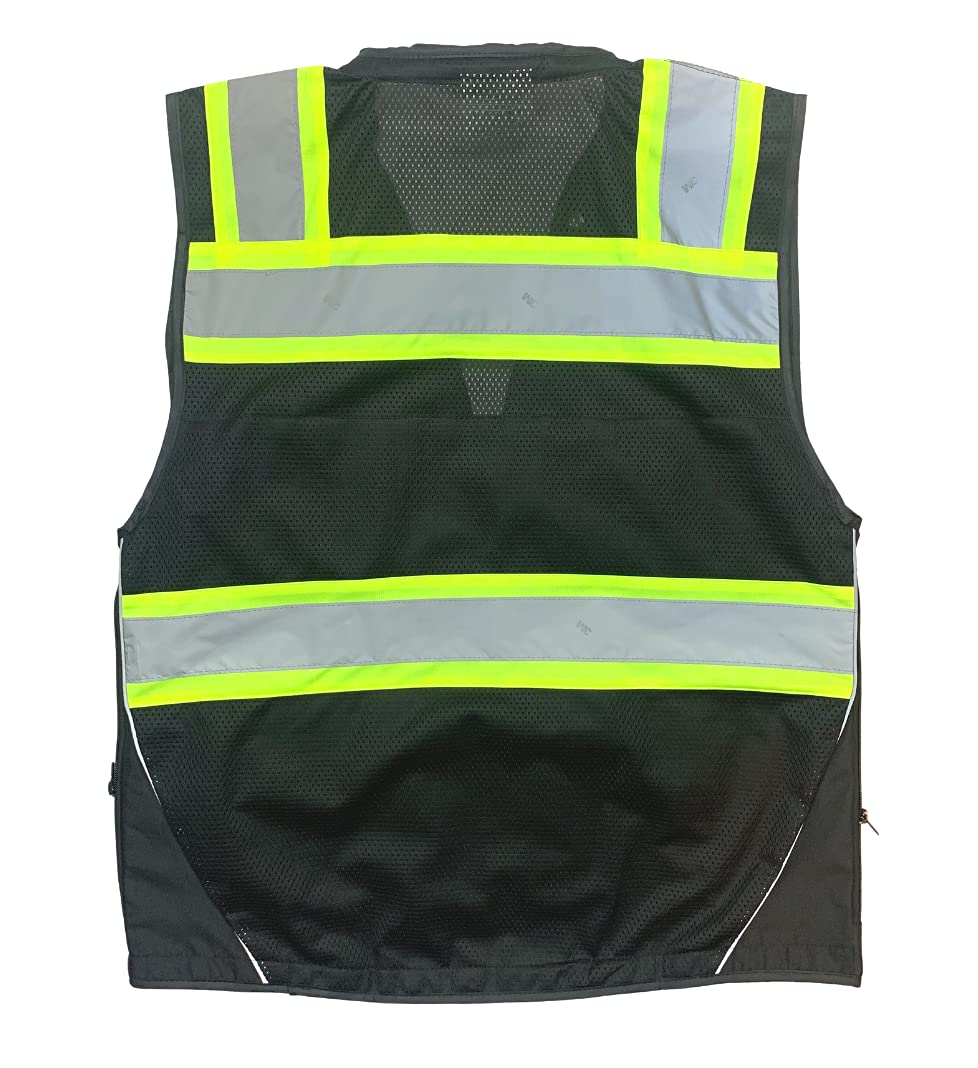 Vero1992 (C) Vest Mens Class 2 Black Series Safety Vest With Zipper and Utility Pockets Premium Black Series Surveyors Vest (Medium, Black)