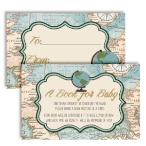 adventure awaits world traveler gender neutral “bring a book” cards for baby showers, 20 2.5 by 4 inch double sided insert cards by amandacreation, invite guests to bring a book for the baby