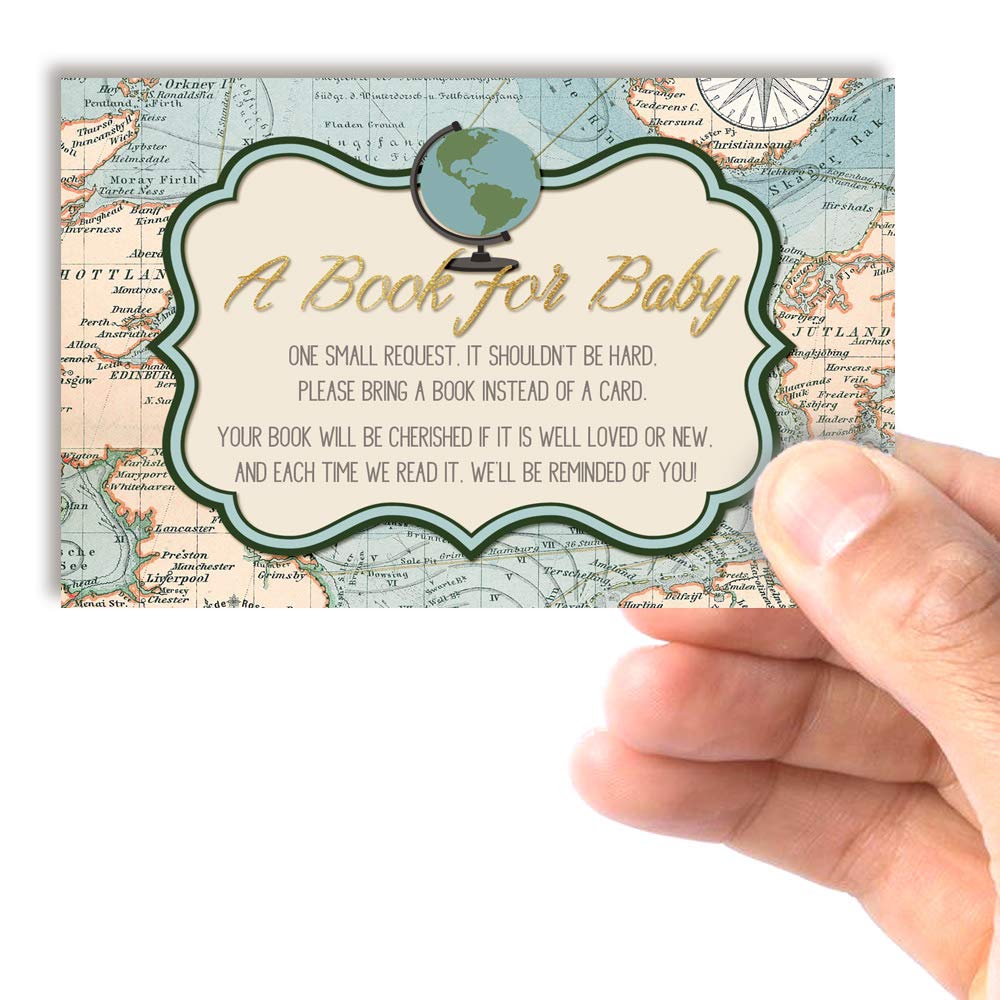 Adventure Awaits World Traveler Gender Neutral “Bring A Book” Cards for Baby Showers, 20 2.5 by 4 Inch Double Sided Insert Cards by AmandaCreation, Invite Guests to Bring A Book for the Baby