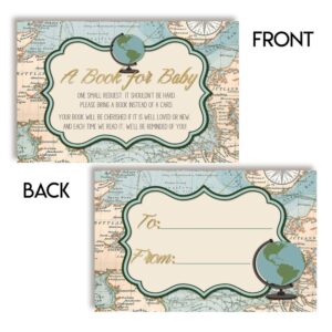 Adventure Awaits World Traveler Gender Neutral “Bring A Book” Cards for Baby Showers, 20 2.5 by 4 Inch Double Sided Insert Cards by AmandaCreation, Invite Guests to Bring A Book for the Baby