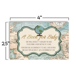 Adventure Awaits World Traveler Gender Neutral “Bring A Book” Cards for Baby Showers, 20 2.5 by 4 Inch Double Sided Insert Cards by AmandaCreation, Invite Guests to Bring A Book for the Baby