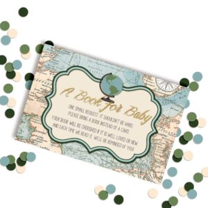 Adventure Awaits World Traveler Gender Neutral “Bring A Book” Cards for Baby Showers, 20 2.5 by 4 Inch Double Sided Insert Cards by AmandaCreation, Invite Guests to Bring A Book for the Baby