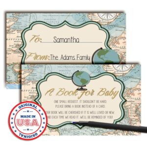 Adventure Awaits World Traveler Gender Neutral “Bring A Book” Cards for Baby Showers, 20 2.5 by 4 Inch Double Sided Insert Cards by AmandaCreation, Invite Guests to Bring A Book for the Baby