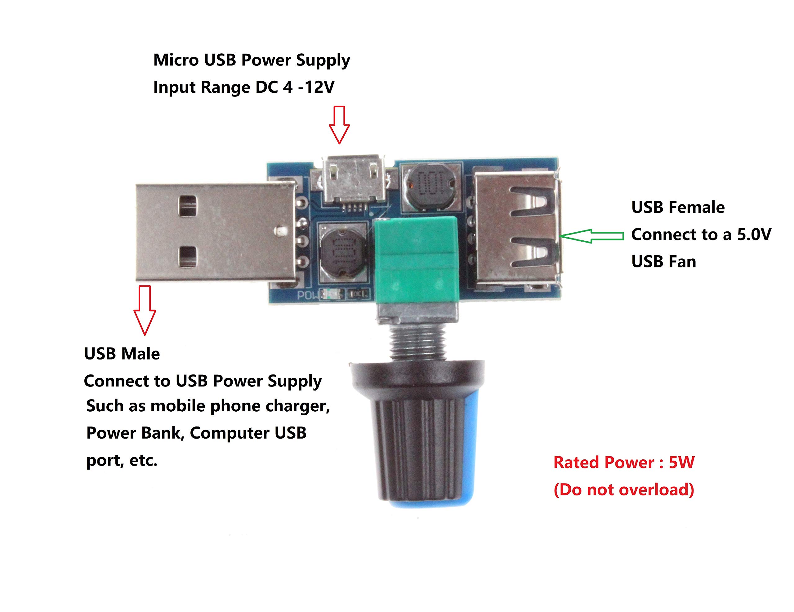 NOYITO 5V USB Fan Stepless Speed Controller Regulator with Switch Speed Module DC 4-12V to 2.5-8V 5W （Pack of 2）