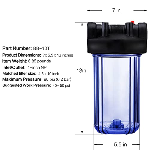 Geekpure 10 Inch Water Filter Housing for Whole House Water Filtration with Wrench Bracket -1" Port-Clear -4.5" x 10" (4)