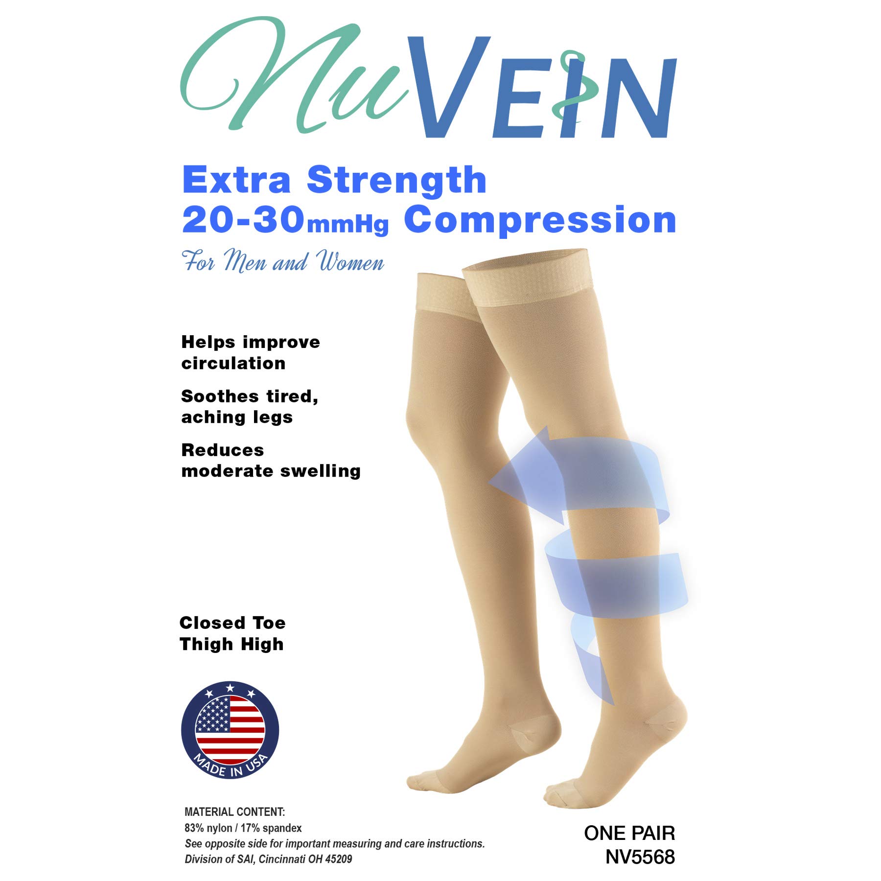 NuVein Medical Compression Stockings, 20-30 mmHg Support, Women & Men Thigh Length Hose, Closed Toe, Beige, Medium