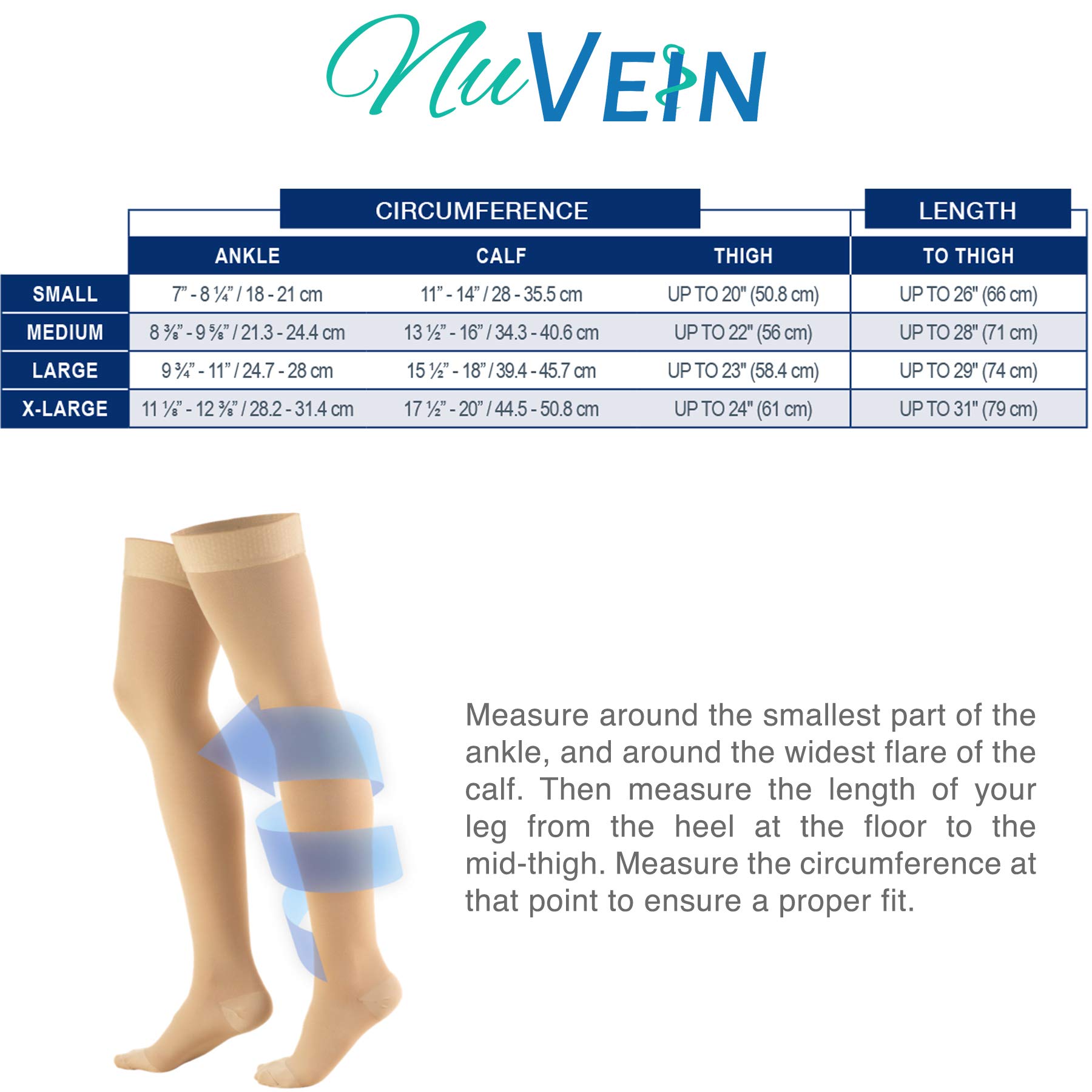 NuVein Medical Compression Stockings, 20-30 mmHg Support, Women & Men Thigh Length Hose, Closed Toe, Beige, Medium