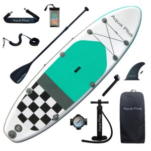 aqua plus 6inches thick inflatable sup for all skill levels stand up paddle board,paddle,double action pump,isup travel backpack, leash,shoulder strap,youth,adult inflatable paddle board