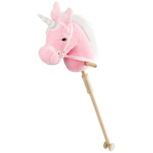 HollyHOME Plush Unicorn Stick Horse with Wood Wheels Real Pony Neighing and Galloping Sounds Plush Toy Pink 37 Inches(AA Batteries Required)