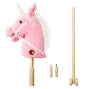 HollyHOME Plush Unicorn Stick Horse with Wood Wheels Real Pony Neighing and Galloping Sounds Plush Toy Pink 37 Inches(AA Batteries Required)