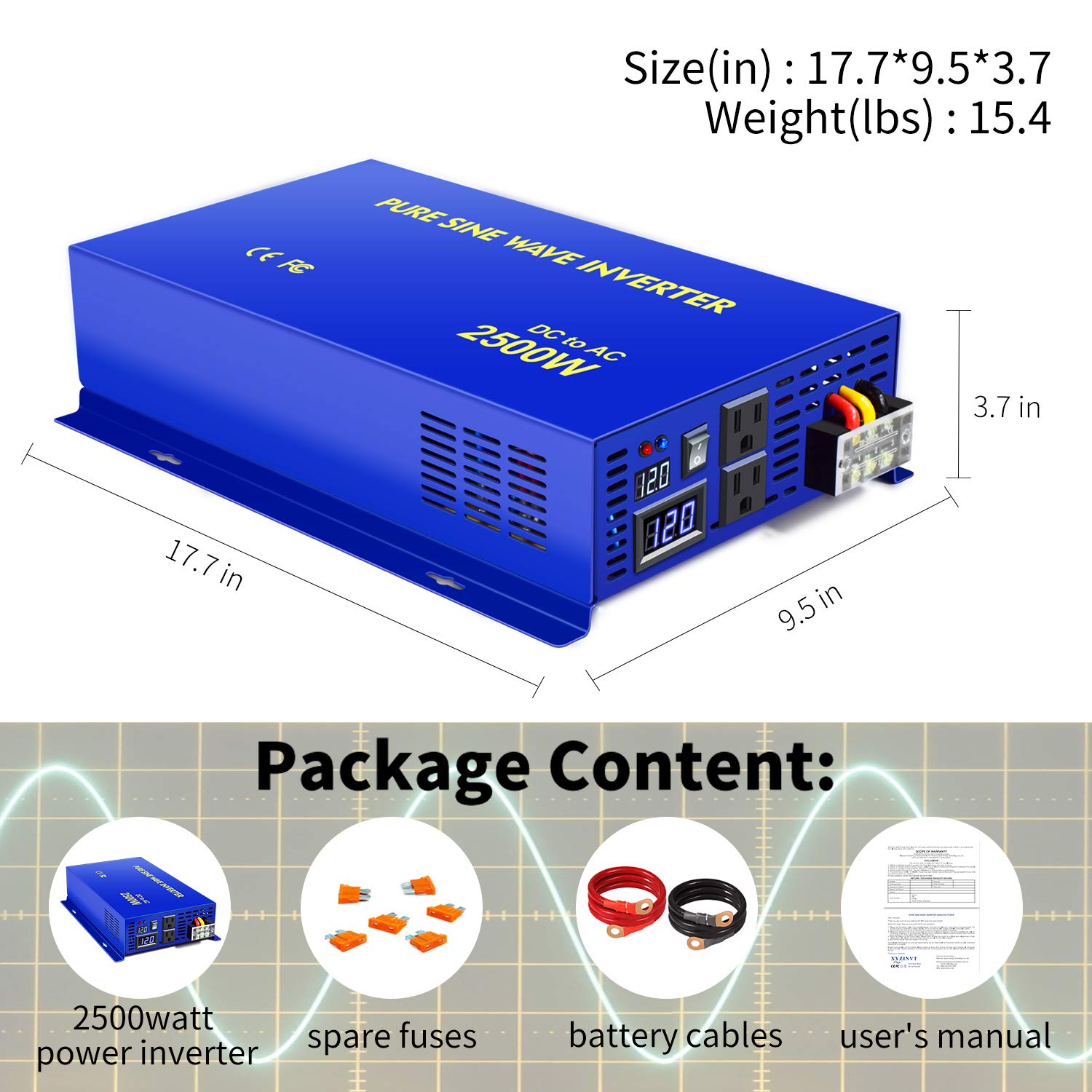 2500 Watt Pure Sine Wave Inverter 12V DC to 120V AC, 2500W Power Inverter Surge 5000W Power Converter for Solar System. (2500W 12V 120V)