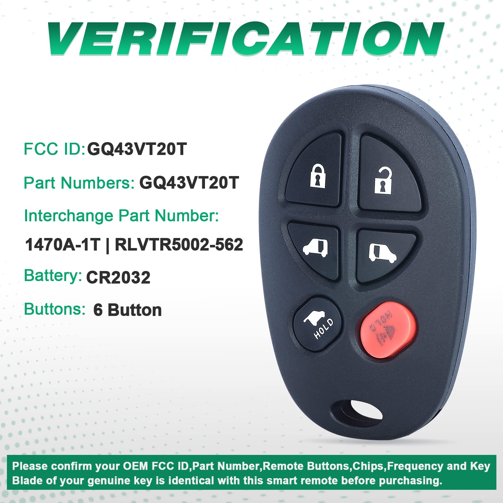 Beefunny Keyless Entry 6 Button Remote Car Key Fob for Toyota Sienna 2004-2013 FCC ID: GQ43VT20T (1)