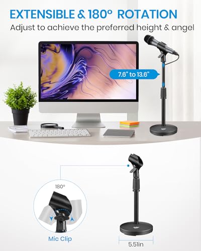 Moukey Desk Mic Stand with Non-Slip Mic Clip Adjustable Table Top Microphone Stand with 5/8" Male to 3/8" Female Screw Fits Most Microphone, MMs-2