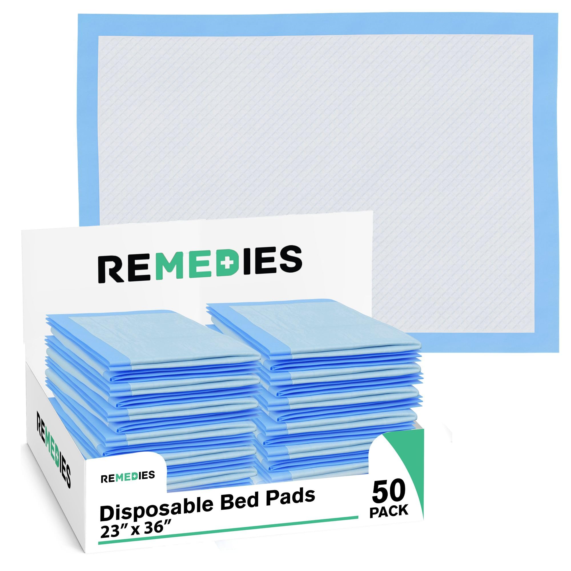 Remedies - Disposable Bed Pads 23" x 36" - 50 Count - Large Bed Pads for Incontinence - Seniors, Adults & Kids Chucks Pads - Adult Absorbent Incontinence Disposable Underpads for Beds & Furniture