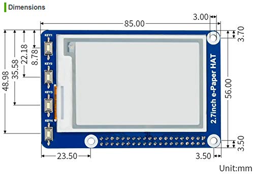 2.7inch E-Ink Display HAT,264x176 Pixel Black,White Two-Color 3.3V/5V E-Paper Screen LCD for Raspberry Pi 4B/3B+/3B/2B/Zero/Zero W/Zero WH and Jetson Nano SPI Interface Support Full Refresh