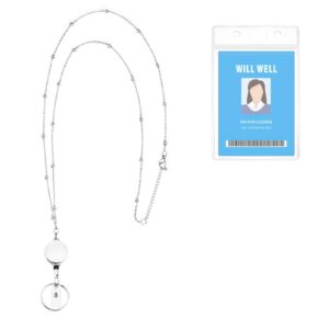 retractable badge reel lanyard with id holder for women, will well fashion beaded lanyard stainless steel necklace with water resistant name badge holder, silver