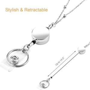 Retractable Badge Reel Lanyard with ID Holder for Women, Will Well Fashion Beaded Lanyard Stainless Steel Necklace with Water Resistant Name Badge Holder, Silver