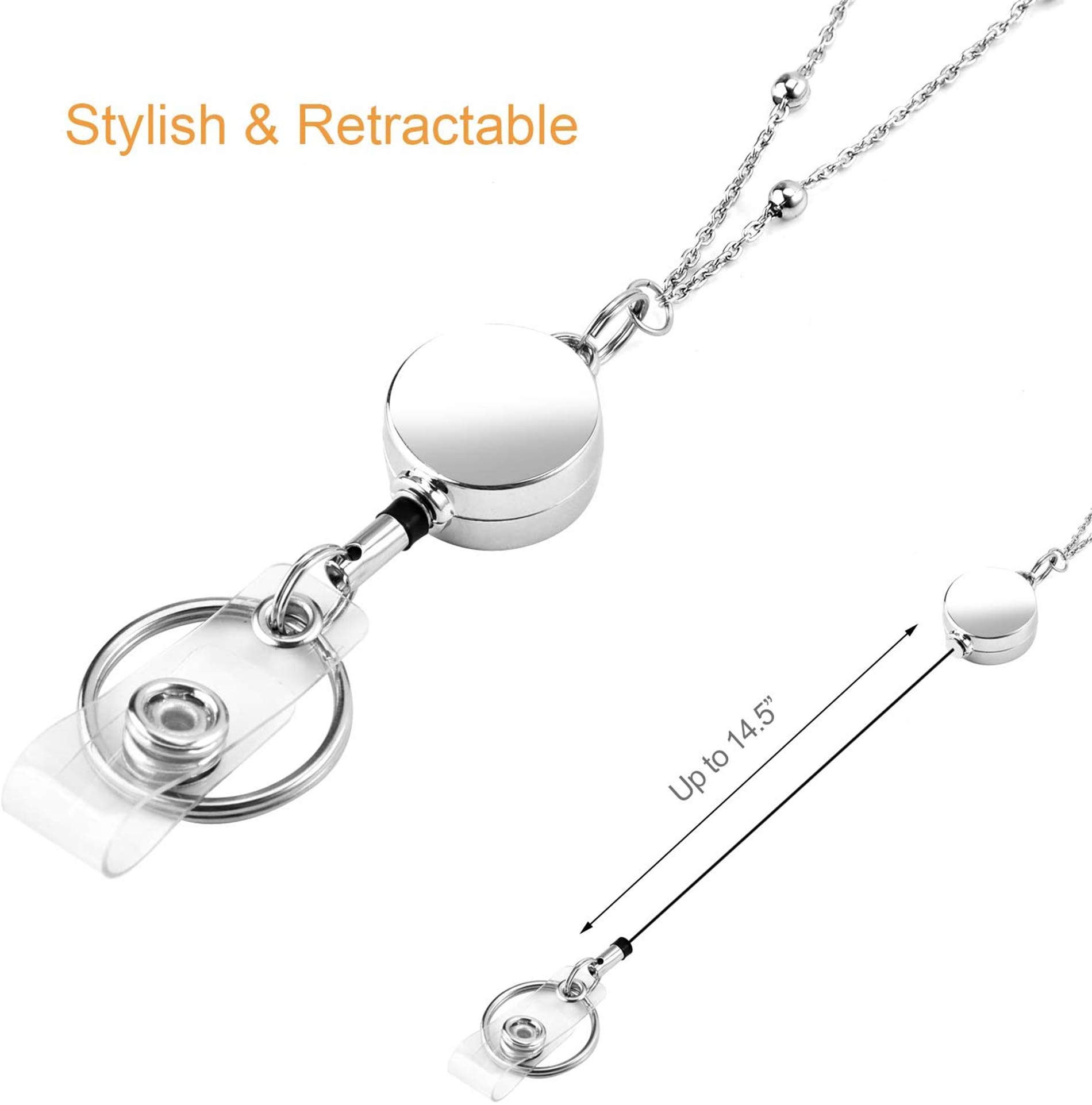 Retractable Badge Reel Lanyard with ID Holder for Women, Will Well Fashion Beaded Lanyard Stainless Steel Necklace with Water Resistant Name Badge Holder, Silver