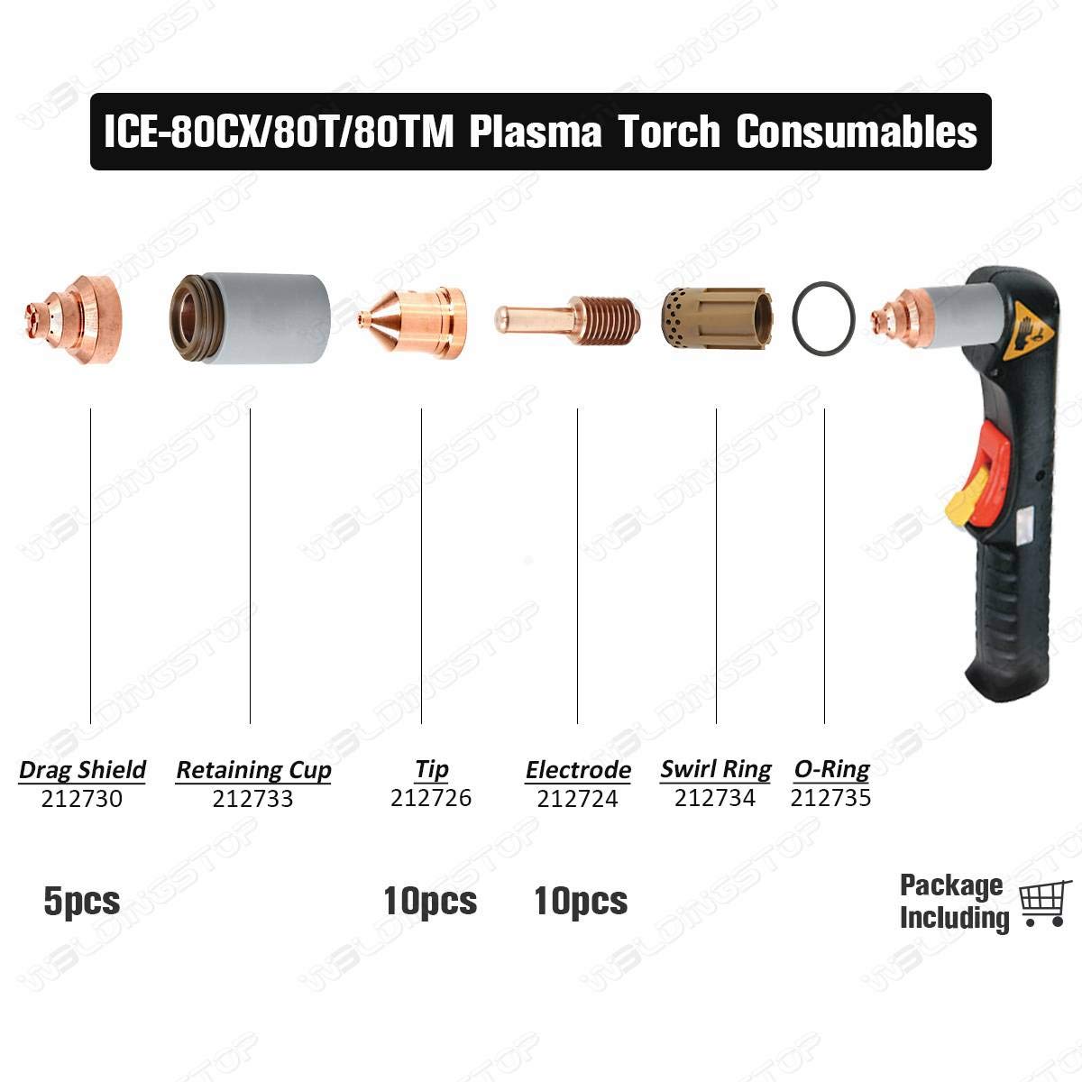 Plasma Cutting 212726 Tip Nozzle 212724 Electrode 212730 Shield Cap Fit Miller ICE-80CX Torch Qty-25