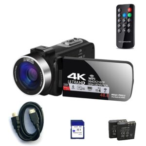 BAIZE Video Camera Camcorder 4K Digital Camera 48MP 16X Digital Zoom 3.0 Inch LCD 270 Degrees Rotatable Screen for Selfie Pause Function with External Microphone (Two Batteries and 32GB SD Card)