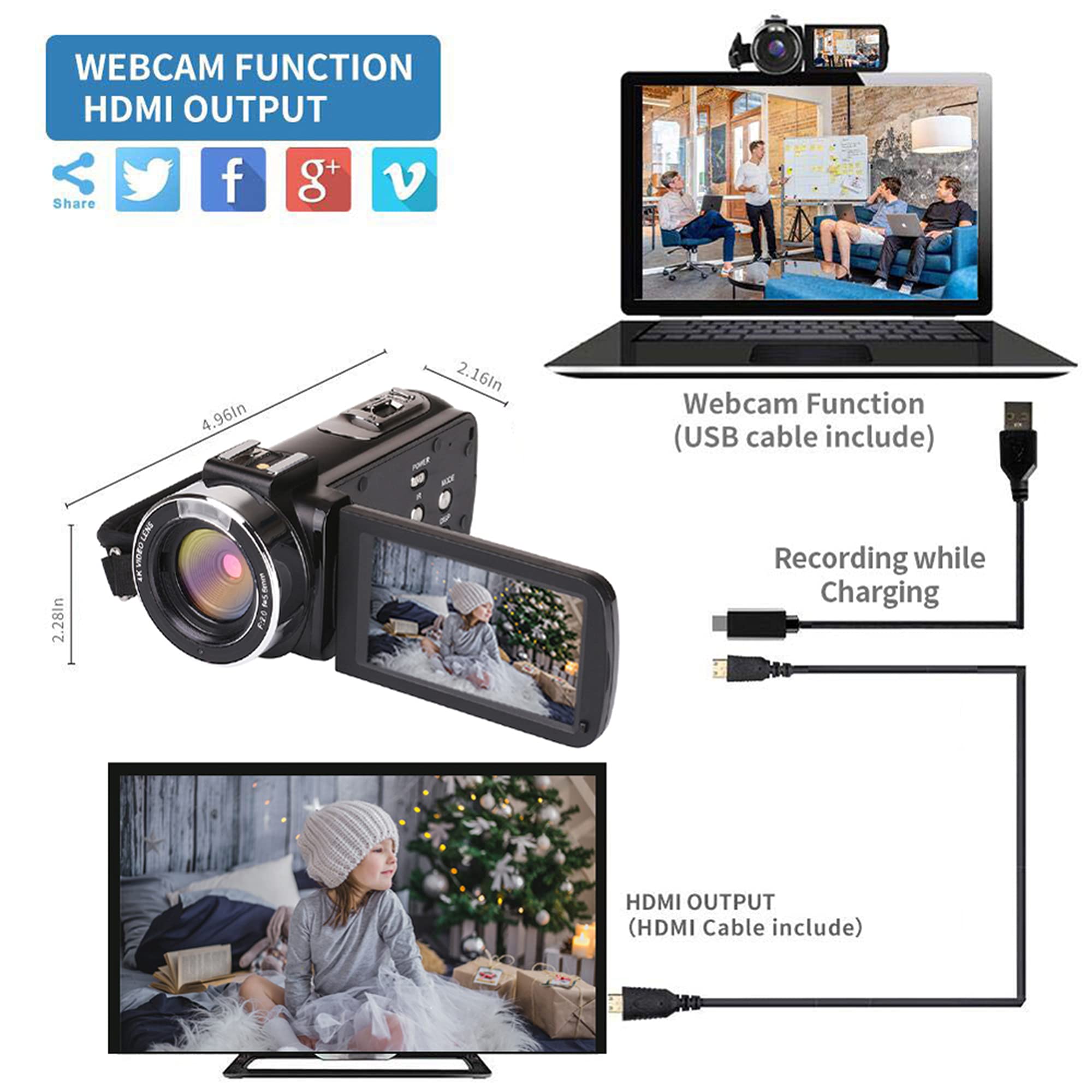 BAIZE Video Camera Camcorder 4K Digital Camera 48MP 16X Digital Zoom 3.0 Inch LCD 270 Degrees Rotatable Screen for Selfie Pause Function with External Microphone (Two Batteries and 32GB SD Card)