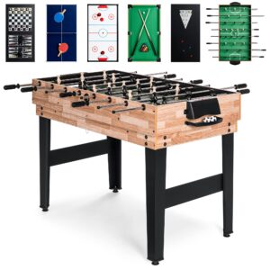 best choice products 2x4ft 10-in-1 combo game room table set for home, friends & family w/hockey, foosball, pool, shuffleboard, ping pong, chess, checkers, bowling, and backgammon - natural