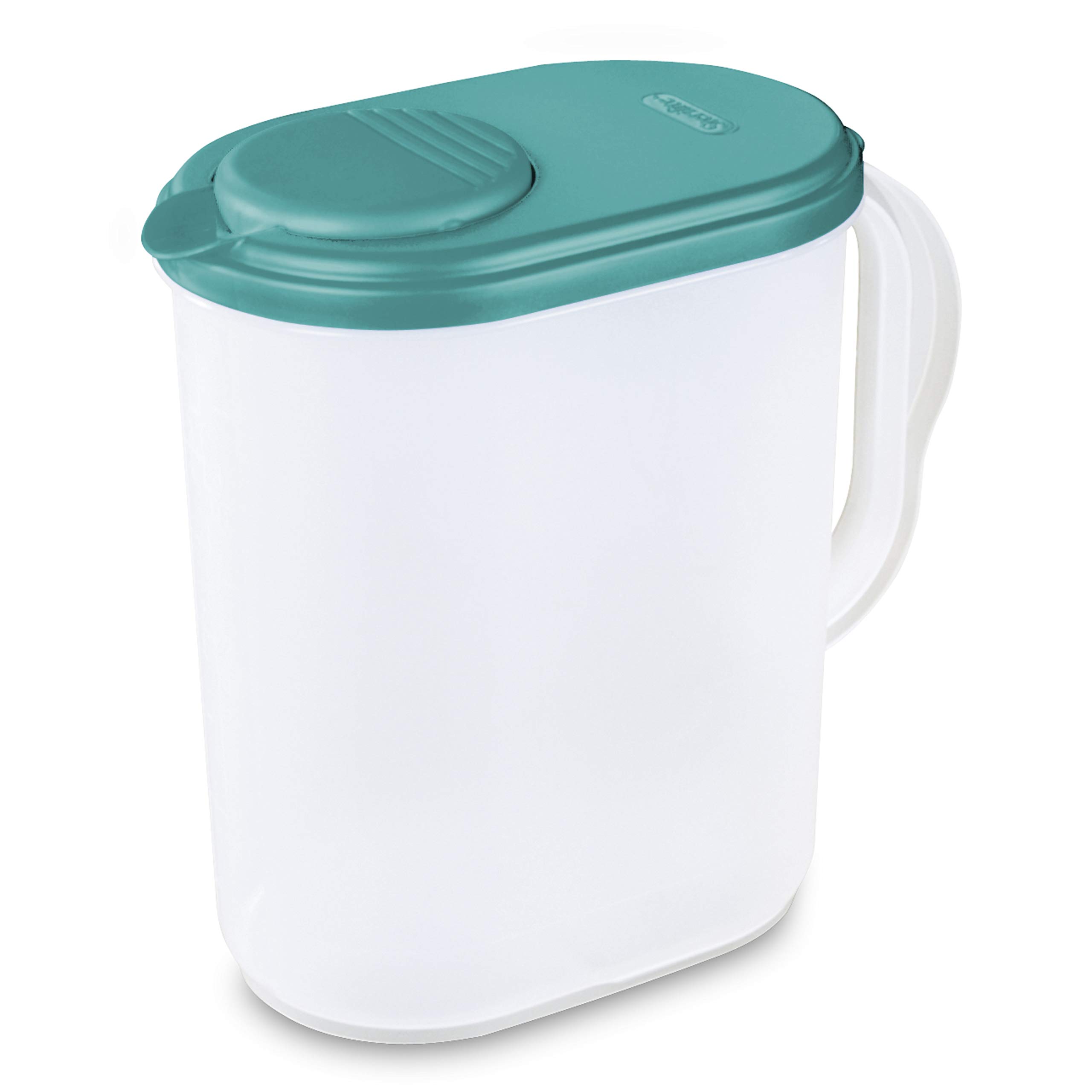 Sterilite 1 Gallon Pitcher, Spout and Handle for Easy Pouring of Water or Juice, Plastic, Dishwasher Safe, Plastic, Clear w/Teal Lid, 6-Pack