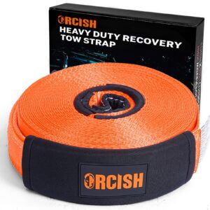 orcish long recovery tow straps, 2" x 66 ft tow straps heavy duty with loops, tow rope for truck, vehicle recovery rope with reinforced loops and protective sleeves, tree saver strap for winching