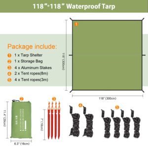 Esup 10 x 10 ft Hammock Rain Fly Lightweight Windproof Tent Tarp, 210T Ripstop Nylon Material, Camping, Hiking Essential Gear, (Green)