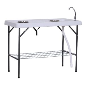 outsunny folding fish cleaning table with sink, portable camping table with faucet drainage hose, grid rack and fish cleaning kit for picnic, fishing, 50"