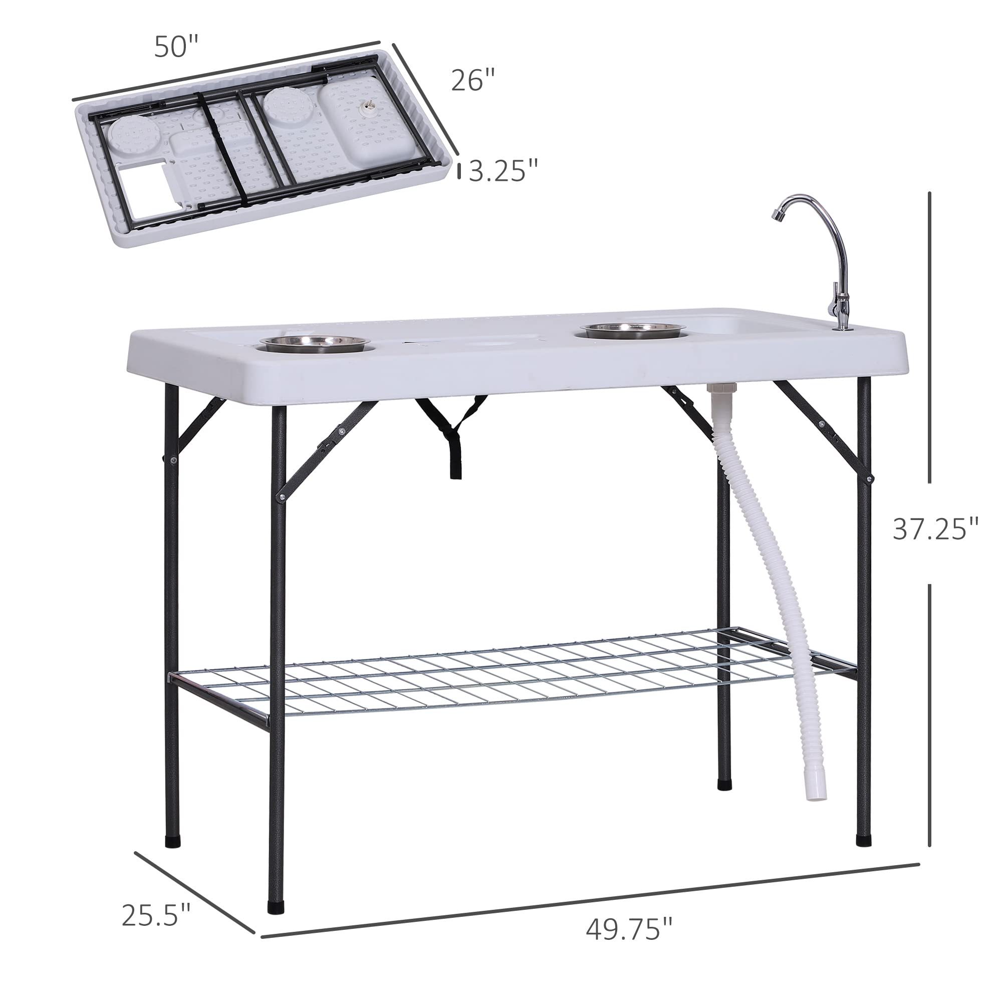 Outsunny Folding Fish Cleaning Table with Sink, Portable Camping Table with Faucet Drainage Hose, Grid Rack and Fish Cleaning Kit for Picnic, Fishing, 50"