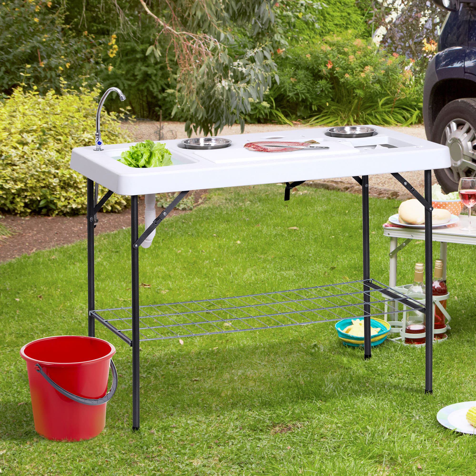 Outsunny Folding Fish Cleaning Table with Sink, Portable Camping Table with Faucet Drainage Hose, Grid Rack and Fish Cleaning Kit for Picnic, Fishing, 50"