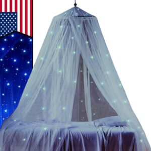 stz bed canopy for princess girls room decorations with fluorescent stars glow in dark -reading nook for kids-canopy bed curtains-hanging tent-white