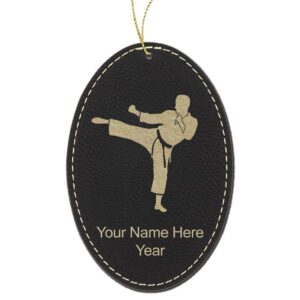 lasergram faux leather christmas ornament, karate man, personalized engraving included (black with gold, oval)