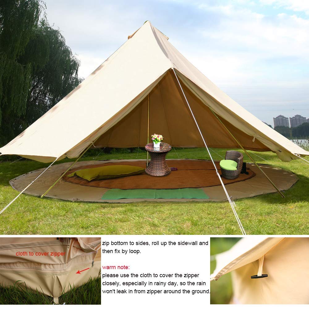 UNSTRENGH Large Beige Luxury 4-Season Camping Cotton Canvas Bell Tent Double Doors Camping Hunting Tent with Stove Jack Hole, Cable Hole