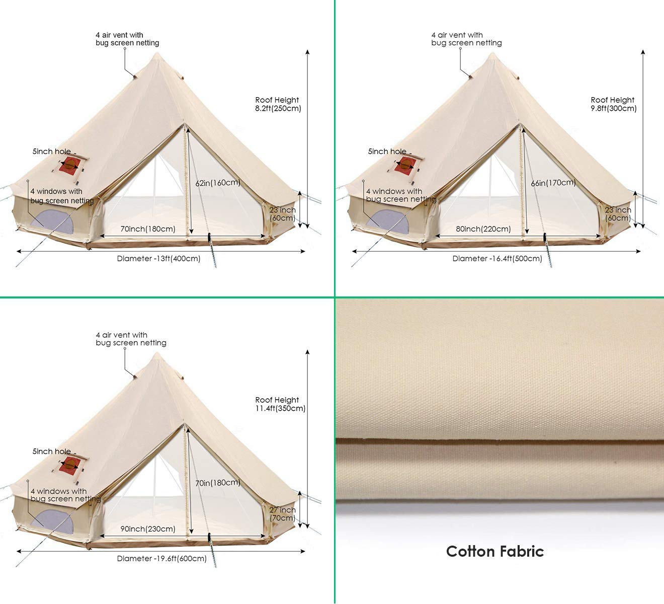 UNSTRENGH Large Beige Luxury 4-Season Camping Cotton Canvas Bell Tent Double Doors Camping Hunting Tent with Stove Jack Hole, Cable Hole