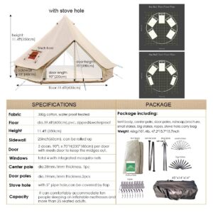 UNSTRENGH Large Beige Luxury 4-Season Camping Cotton Canvas Bell Tent Double Doors Camping Hunting Tent with Stove Jack Hole, Cable Hole