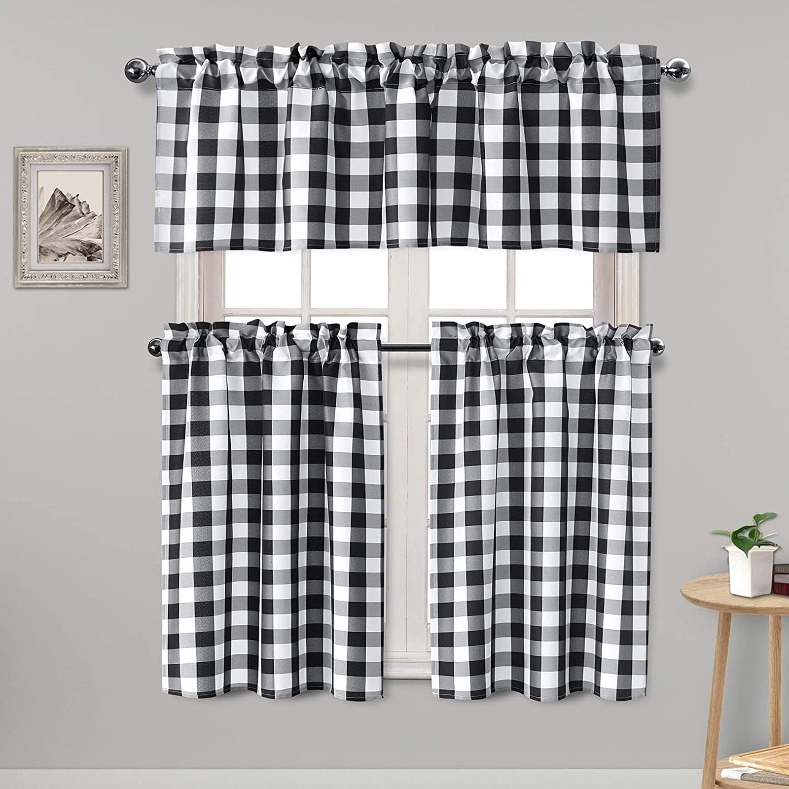 Hiasan 3 Piece Semi Sheer Black Kitchen Curtains Light Filtering Buffalo Checkered Tier and Valance Window Curtains Set