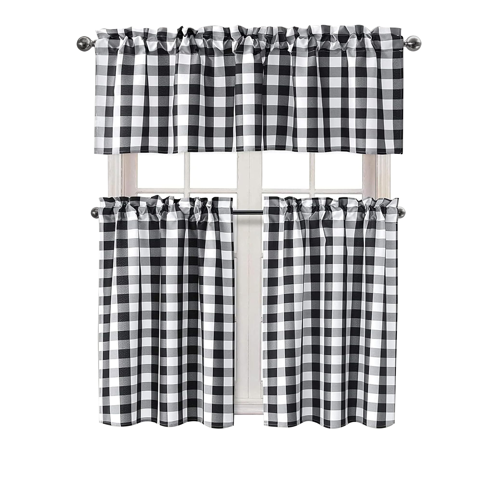 Hiasan 3 Piece Semi Sheer Black Kitchen Curtains Light Filtering Buffalo Checkered Tier and Valance Window Curtains Set