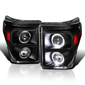 spec-d tuning black led halo projector headlights compatible with 2011-2016 ford f250/f350/f450/f550 super duty left + right pair headlamps assembly