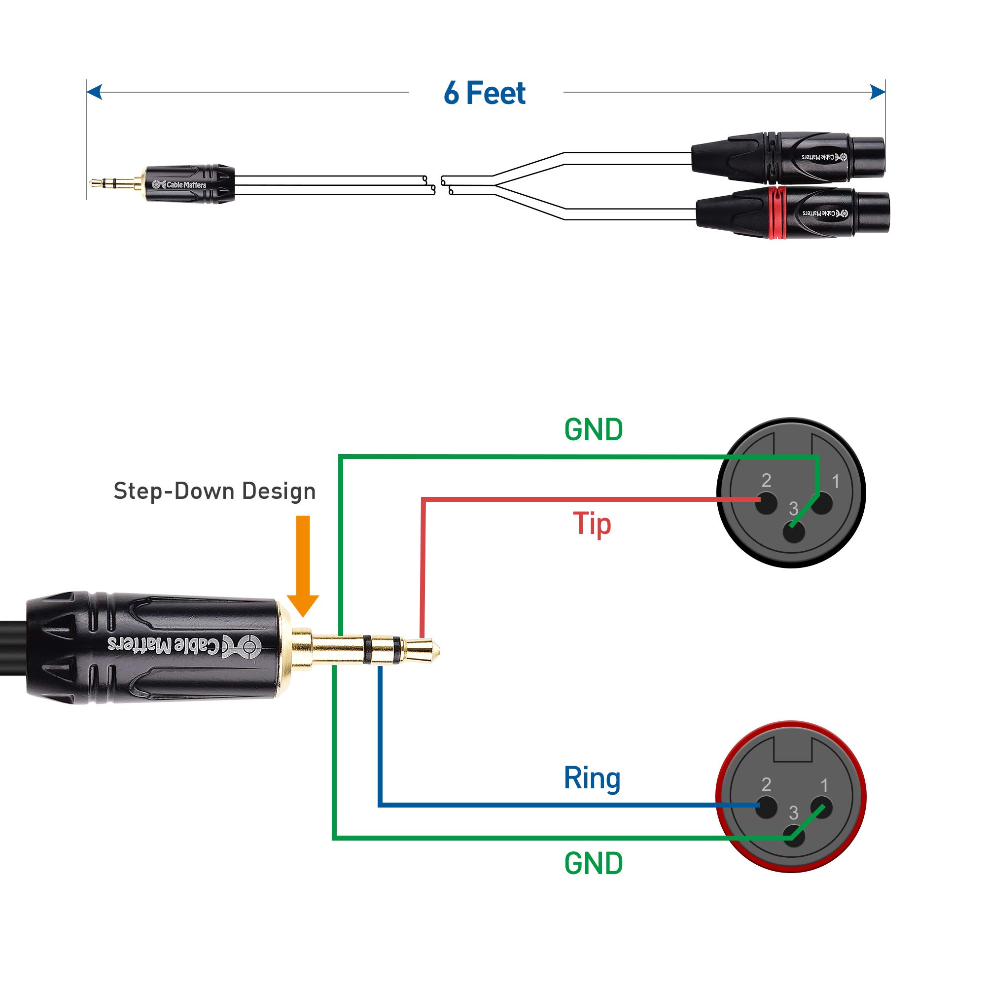 Cable Matters 3.5mm 1/8 Inch TRS to 2 XLR Cable 6 ft, Male to Female Aux to Dual XLR Breakout Cable