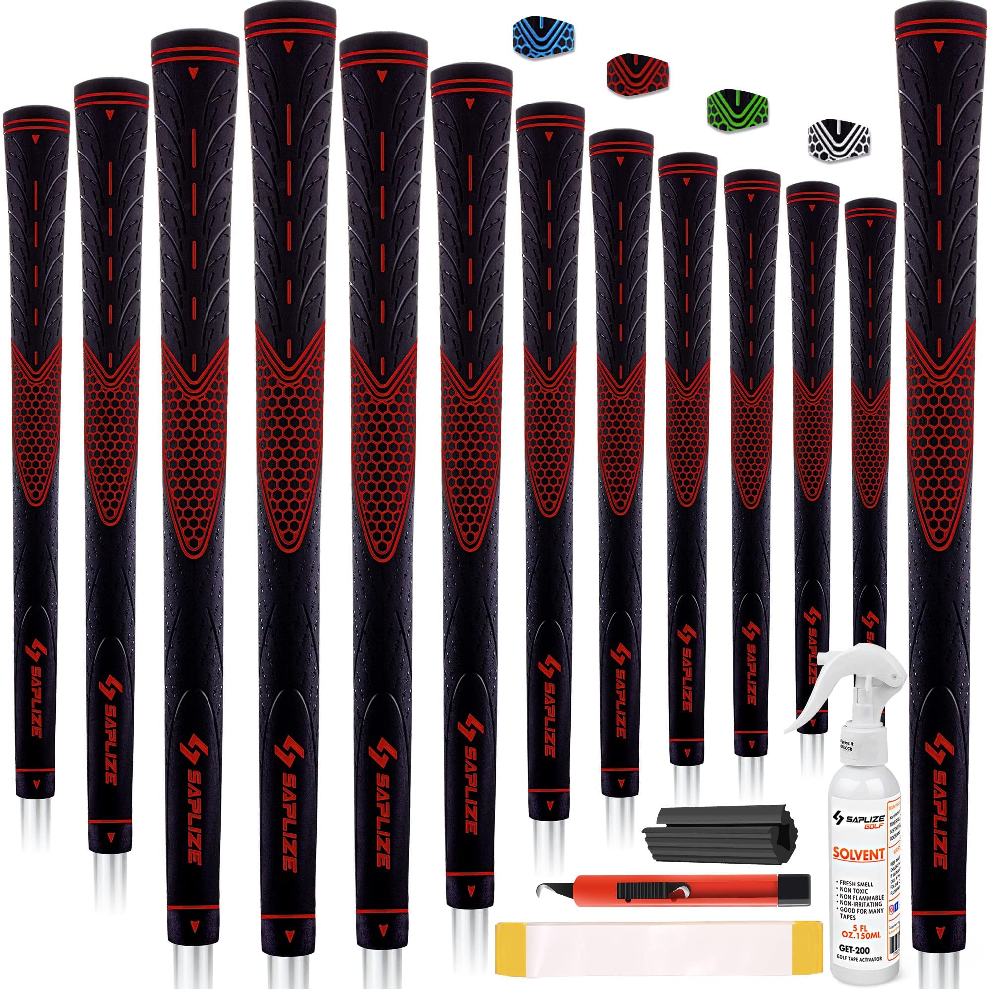 SAPLIZE Classic Rubber Golf Grips 13 Pack, High Feedback, Non-Slip, 13 Grips with Full Solvent Kit, Standard Size, Red, CC01 Series