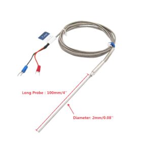 K Type Thermistor Temperature Sensor Probe Range from 0 to 600 °C Temperature Controller, 100mm/4" Long Probe Thermocouple, Probe can be Easily Bent Diameter :2mm/0.08" (2X100X2M) MT-6320-100mm