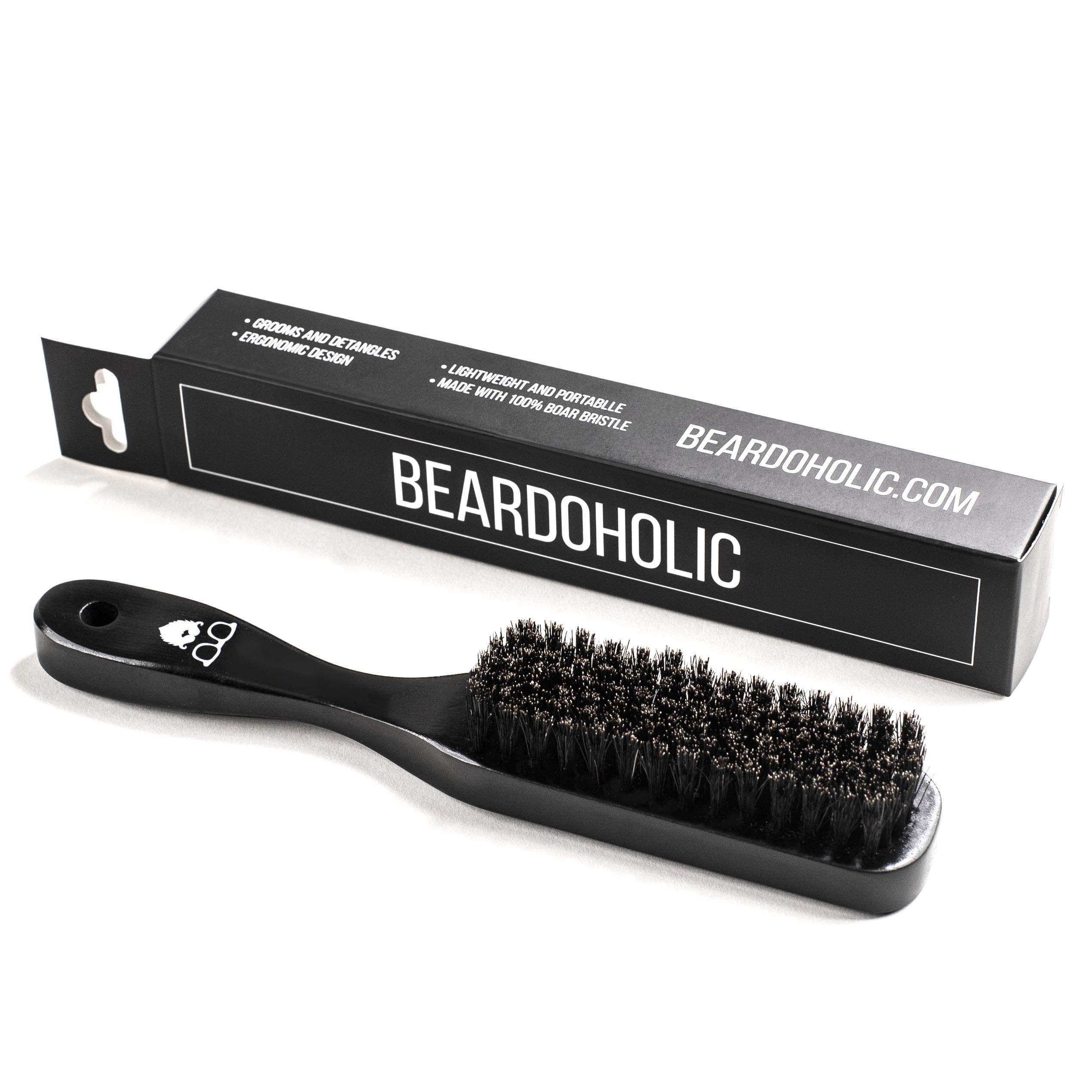 Beardoholic Beard Brush Black - 100% Boar Bristles and Durable Bamboo Handle - Removes Tangles, Beard Dandruff, Ingrown Hairs and Detangles Loose Hairs with Ease - Long Lasting