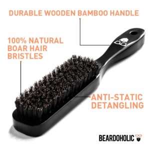 Beardoholic Beard Brush Black - 100% Boar Bristles and Durable Bamboo Handle - Removes Tangles, Beard Dandruff, Ingrown Hairs and Detangles Loose Hairs with Ease - Long Lasting