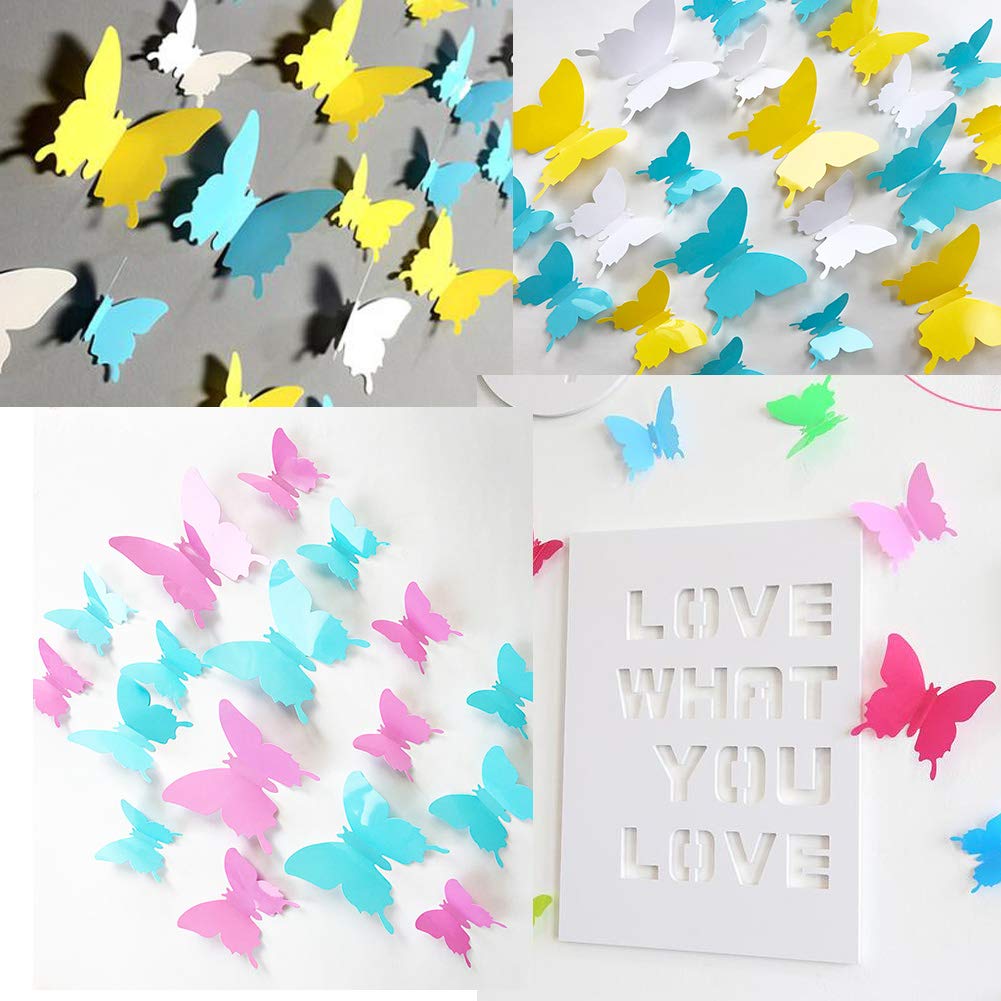 3D Yellow Butterfly Wall Stickers Yellow 24 pcs Removable Mural Stickers Wall Stickers Decal for Home and Room Decoration Kids Room Bedroom Decor Living Room Sticker (Yellow)