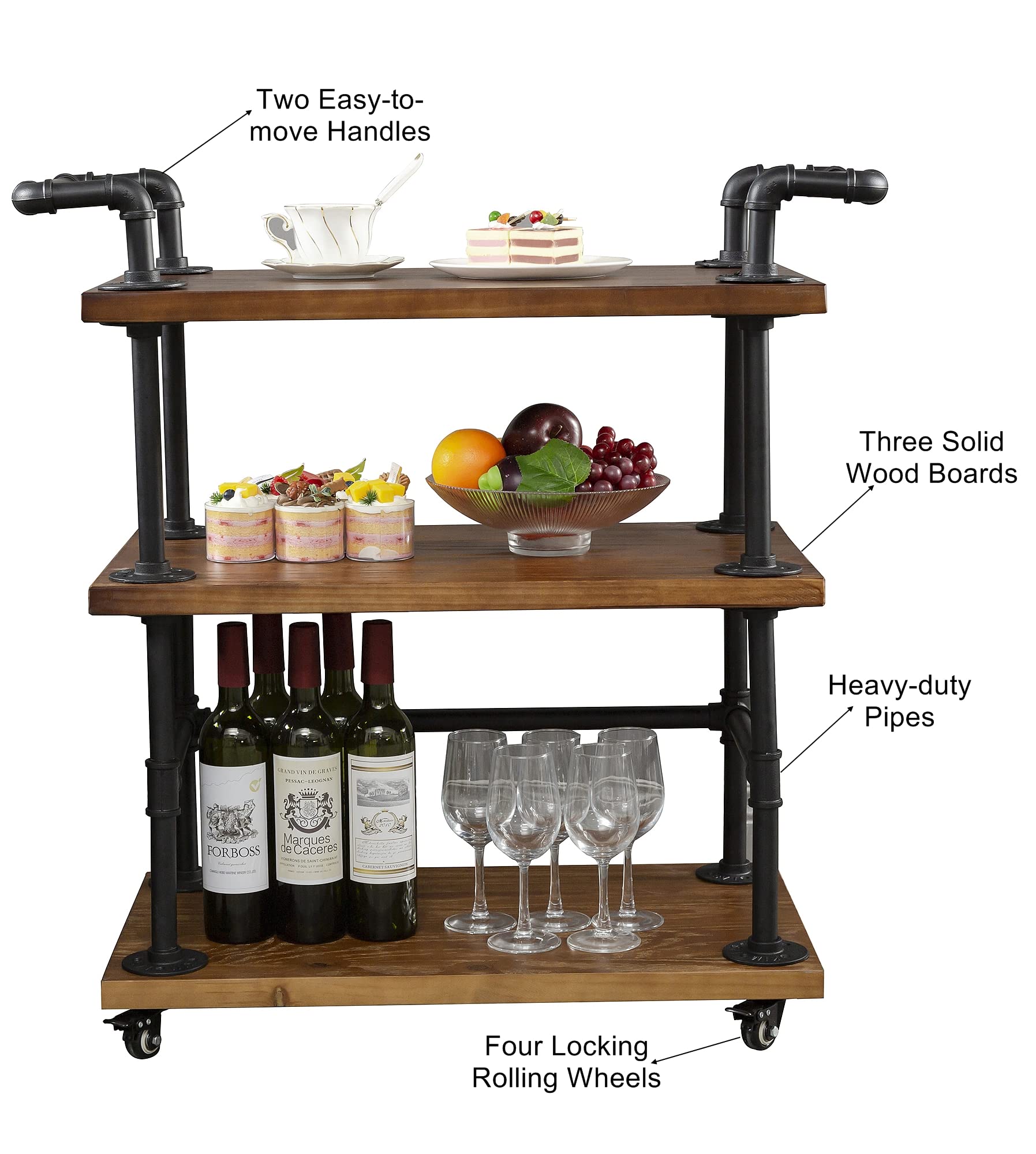 DOFURNILIM Industrial Bar Carts/Serving Carts/Kitchen Carts/Wine Rack Carts on Wheels with Storage - Industrial Rolling Carts - Wine Tea Liquor Shelves/Holder - Solid Wood and Metal Home Furniture