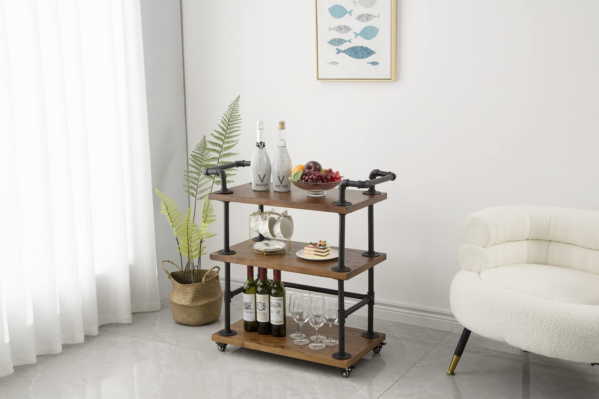 DOFURNILIM Industrial Bar Carts/Serving Carts/Kitchen Carts/Wine Rack Carts on Wheels with Storage - Industrial Rolling Carts - Wine Tea Liquor Shelves/Holder - Solid Wood and Metal Home Furniture